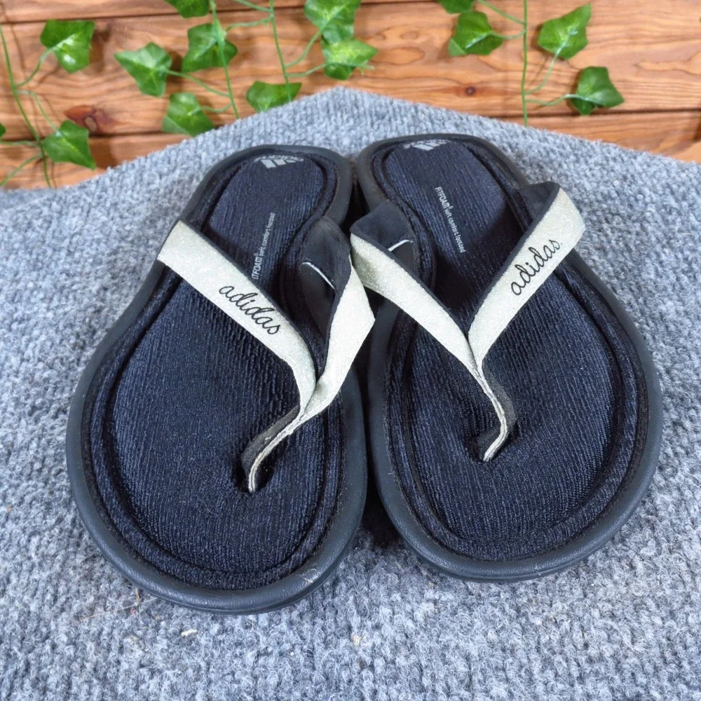Adidas Chilwyanda Girls Sandal Sz 6 Casual Summer Flip Flop Black Silver Glitter